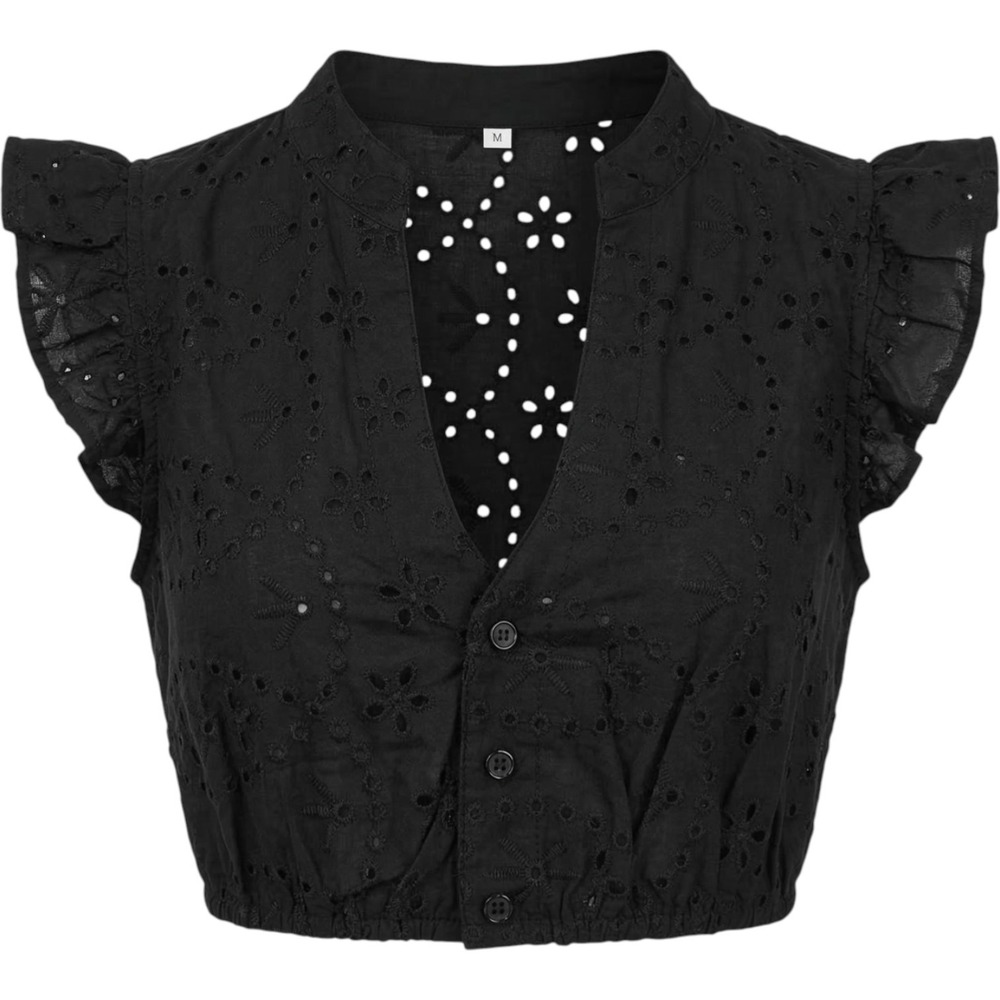 New Small Black Ruffle Sleeve Seersucker Dirndl Oktoberfest Top V Neck Blouse